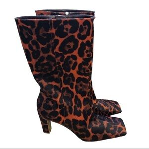 The Saddler | NWOB Mid Calf Red Leopard Print Satin Square Toe Boot - Size IT37